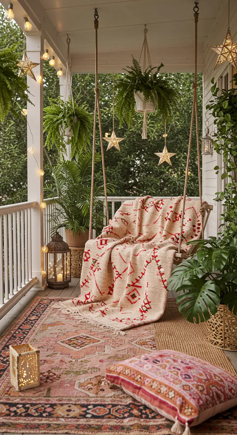 Columpio de madera en un porche decorado con una manta marroquí, plantas colgantes y luces de estrellas