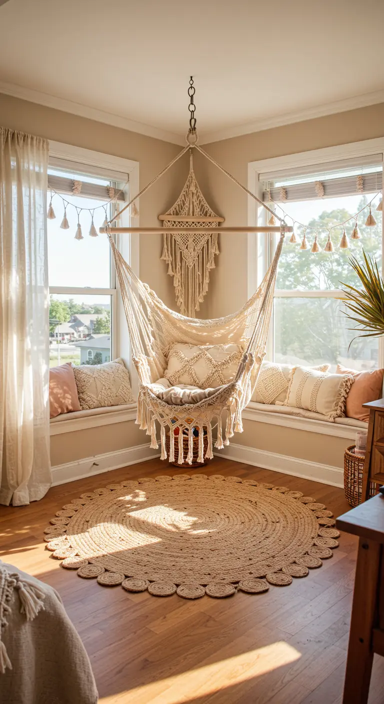 Silla colgante de macramé en una esquina luminosa con ventanas, cojines y una alfombra de yute.