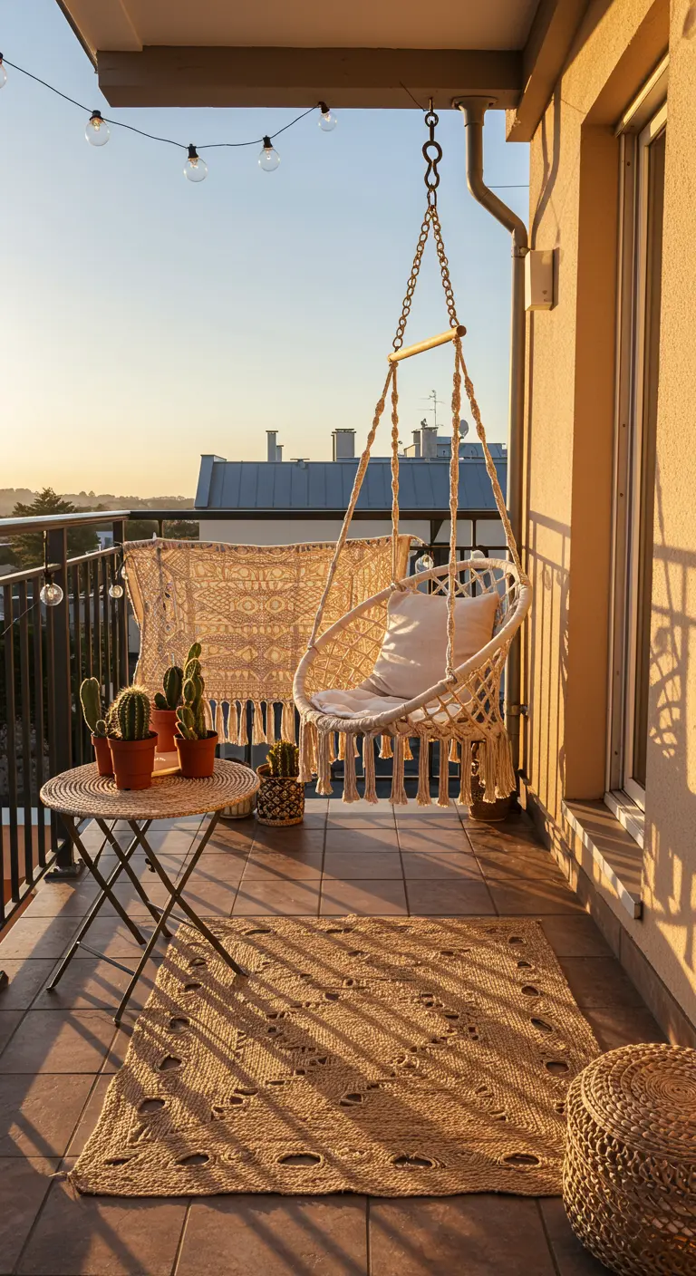 Silla colgante de macramé en un balcón con ambiente bohemio al atardecer.