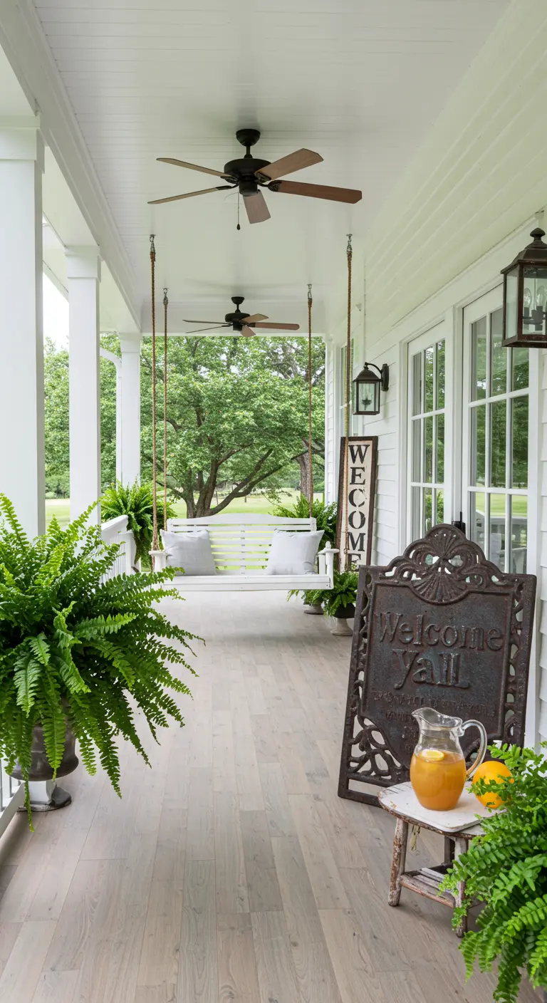 Porche blanco y espacioso con un columpio colgante, helechos y un letrero vintage.