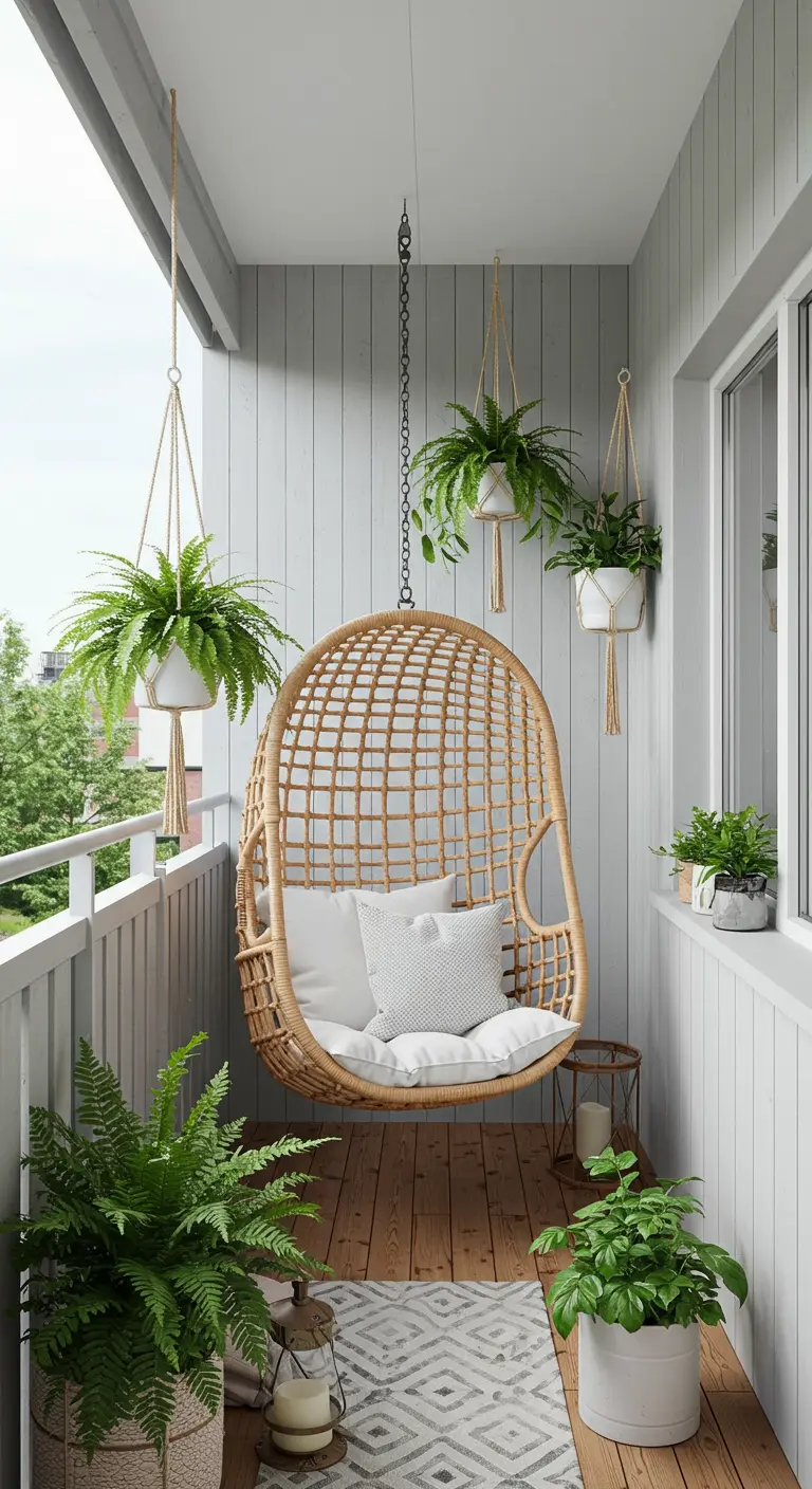 Balcón boho con una silla colgante de mimbre rodeada de helechos y otras plantas verdes.
