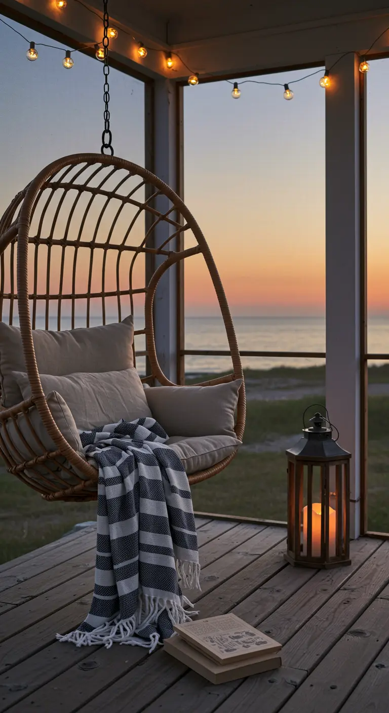 Silla colgante de ratán en un porche de madera con vistas al mar durante el atardecer.