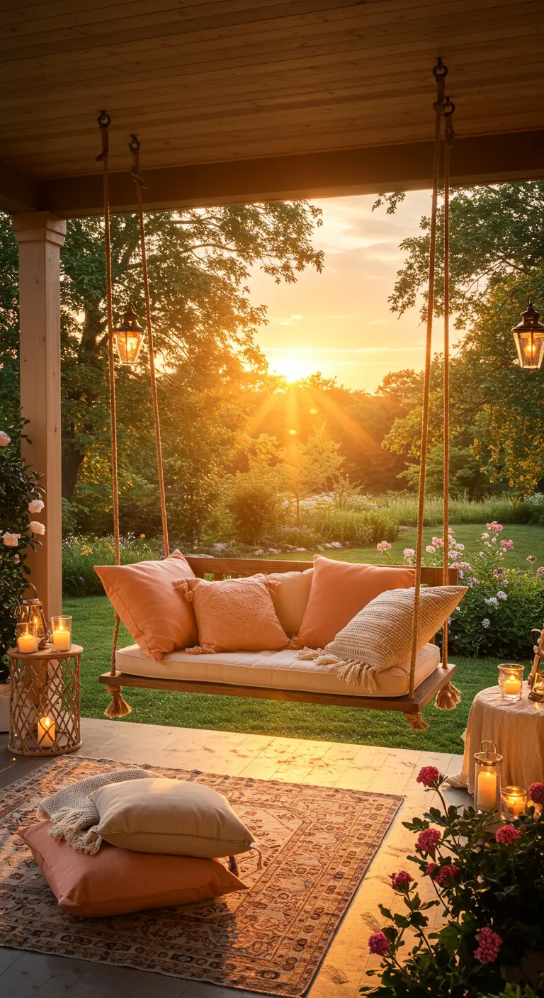 Columpio de madera en un porche al atardecer, lleno de cojines en tonos coral y beige.