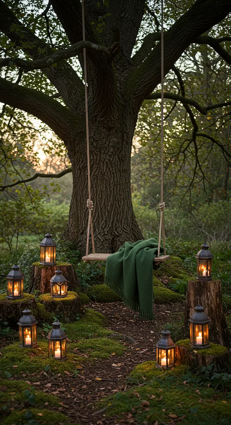 Columpio de madera bajo un gran árbol, rodeado de faroles sobre tocones y musgo.