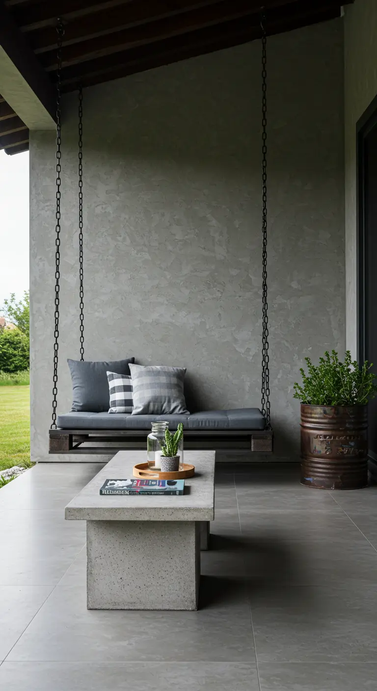 Columpio minimalista con base de madera oscura y cadenas de metal, con cojines grises, en un porche moderno.