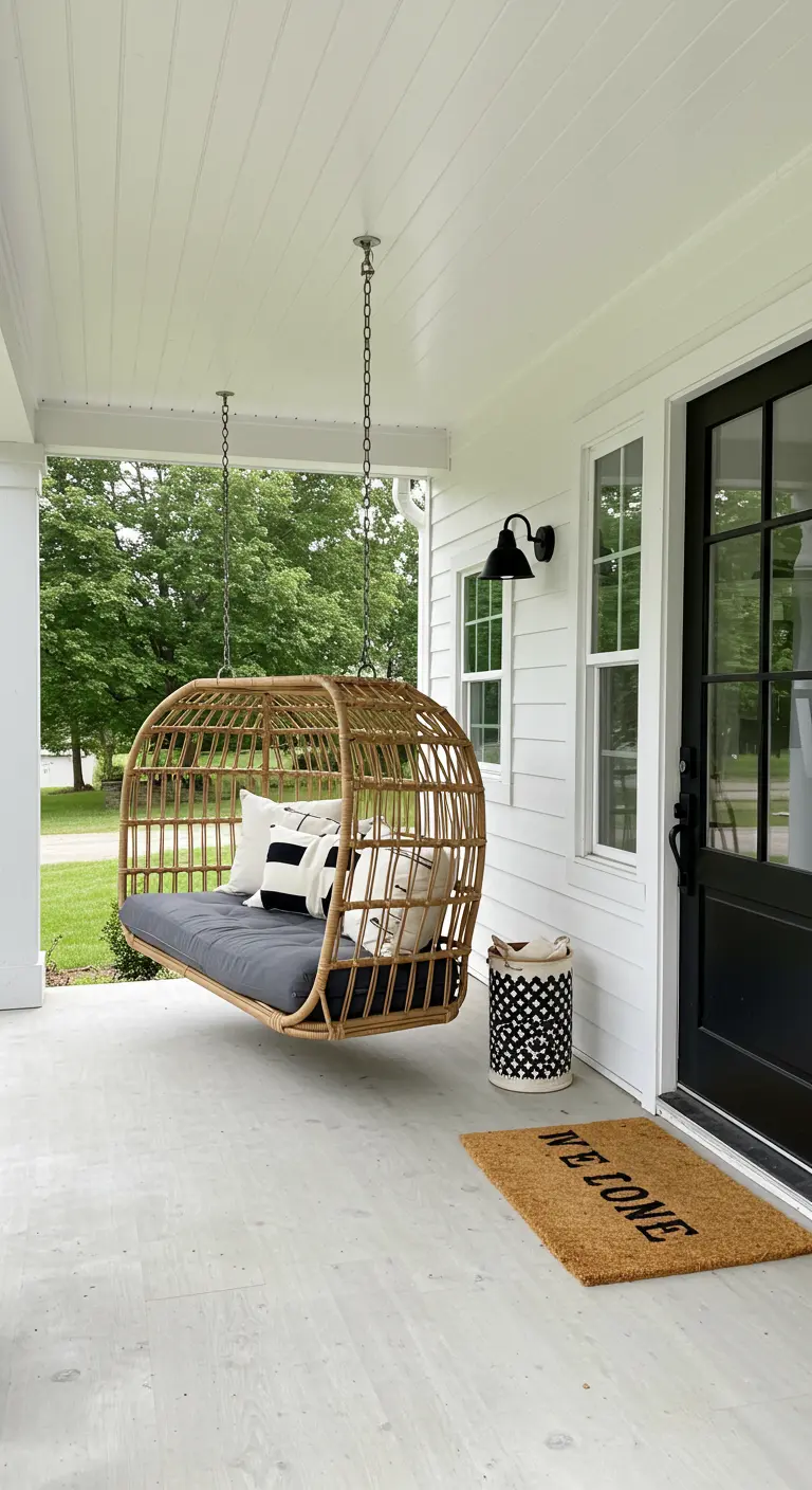 Porche blanco con un gran sofá columpio de mimbre, cojines en blanco y negro y un cesto.