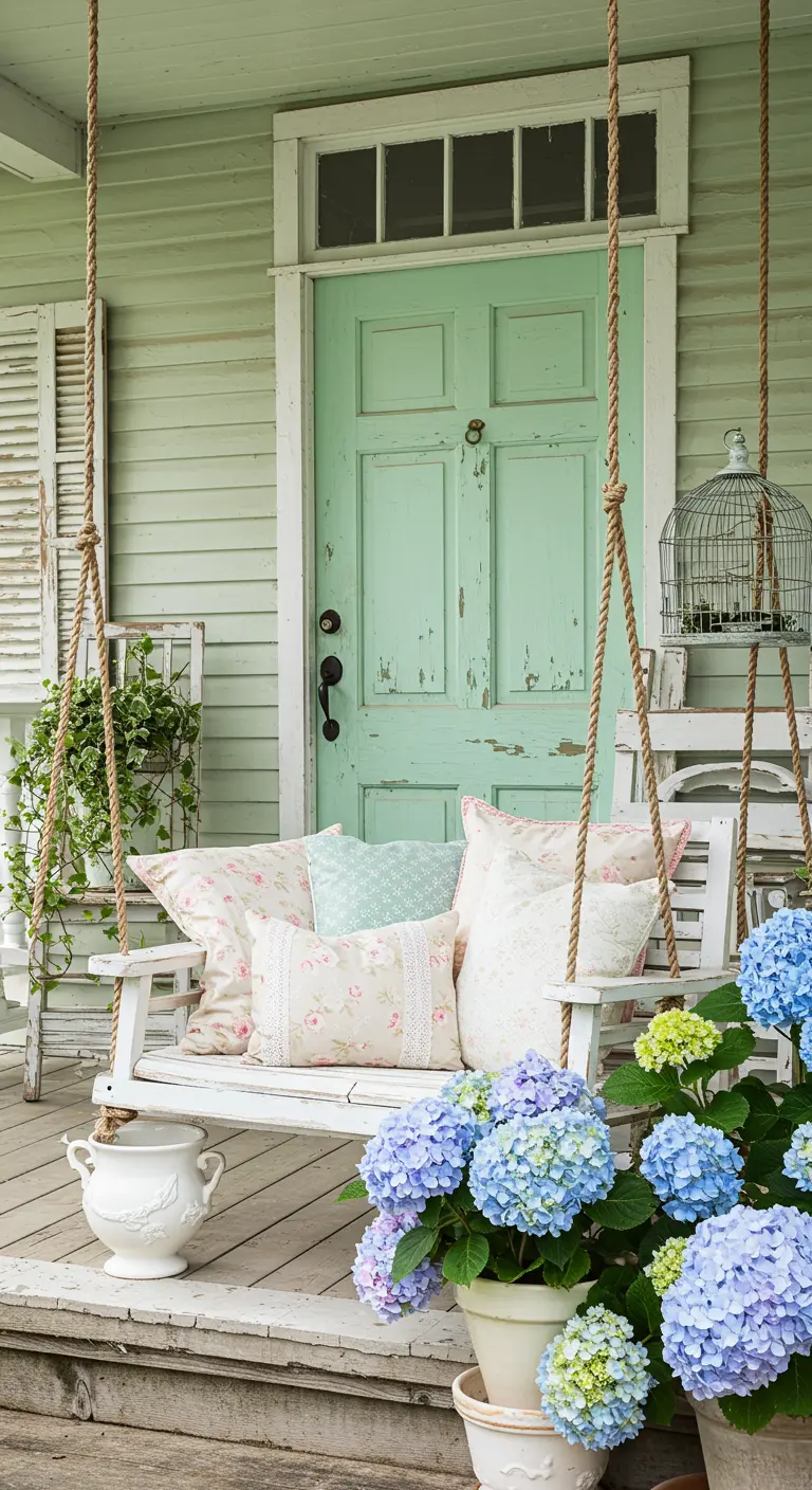 Porche con columpio blanco lleno de cojines florales y puerta verde menta decapada.