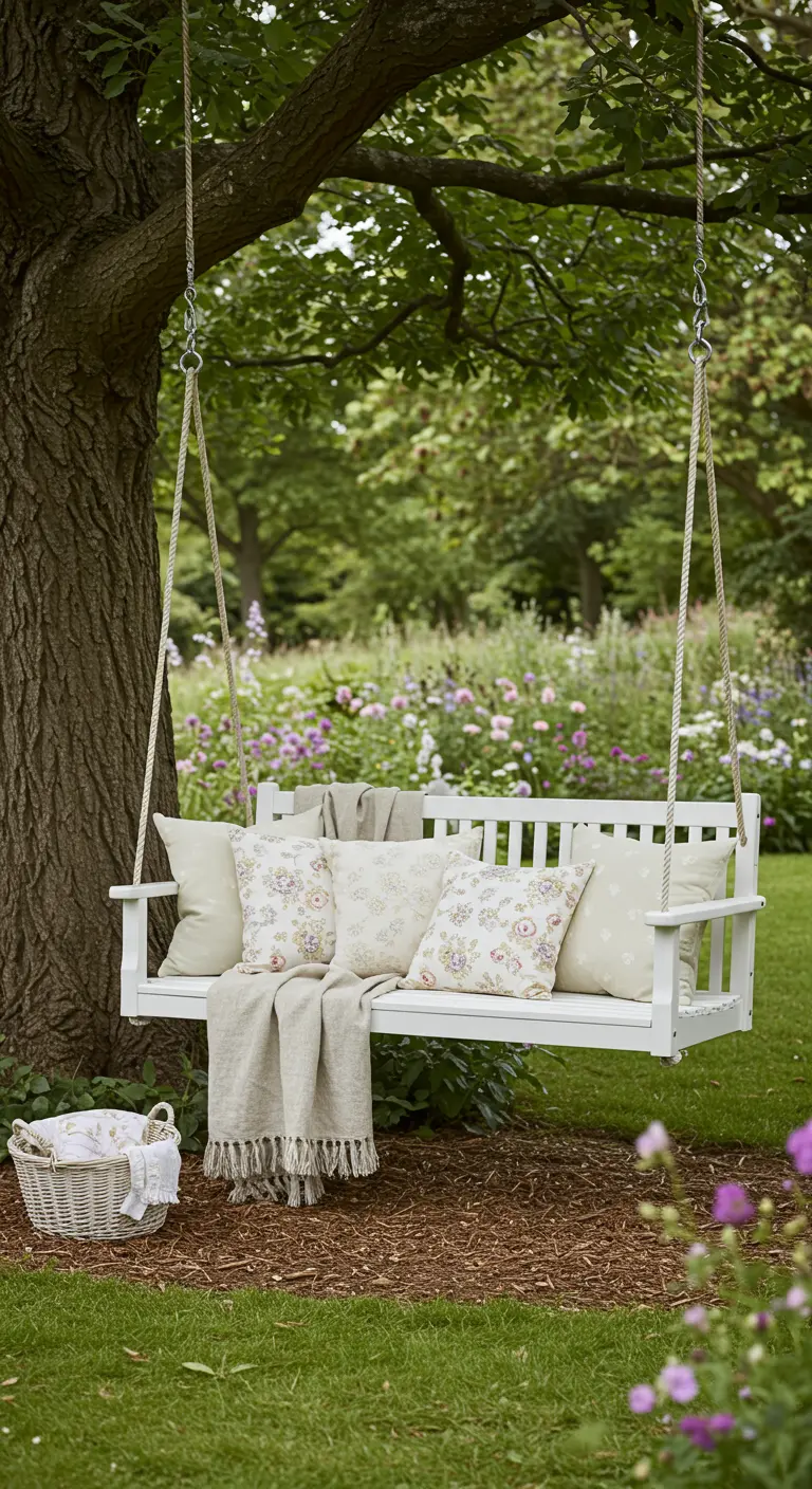 Columpio de madera blanca colgado de un árbol, decorado con cojines florales y una manta de lino.