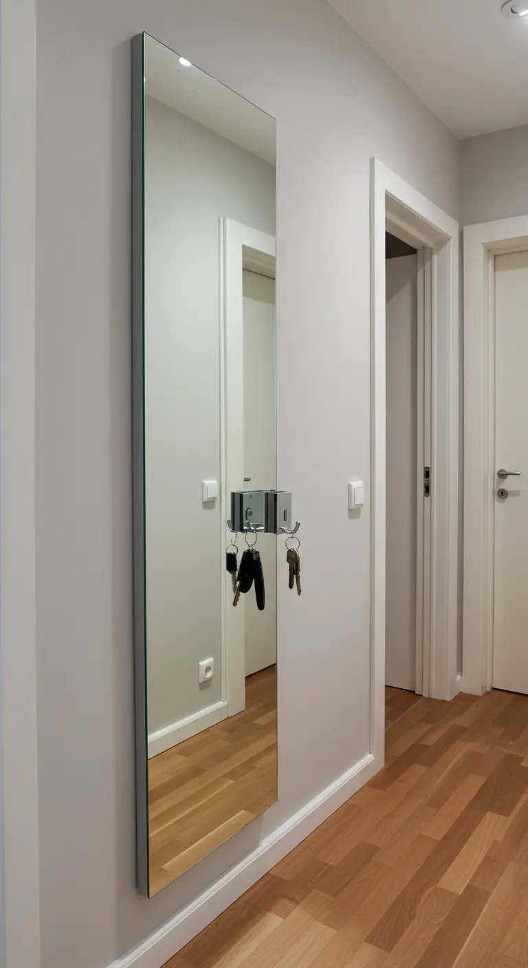 Espejo de pared vertical con un pequeño perchero de metal para llaves integrado.