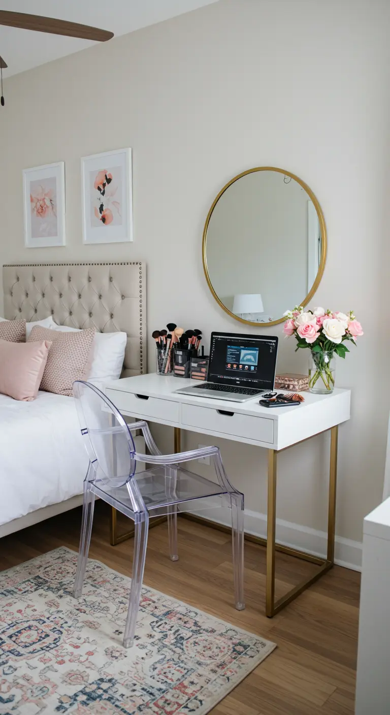 Escritorio blanco con patas doradas que funciona como tocador y oficina junto a la cama.