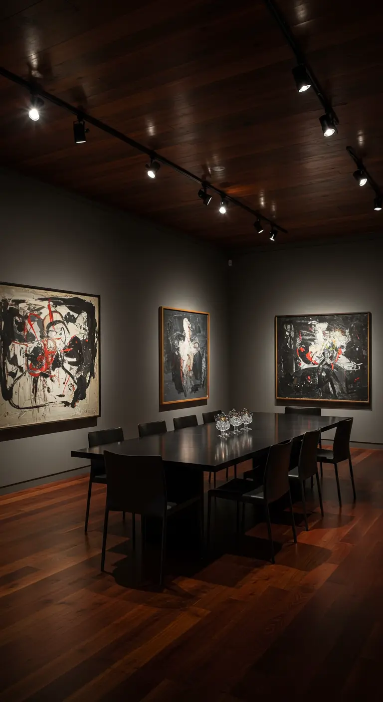 Comedor moderno y oscuro con techo de madera, focos y grandes cuadros de arte abstracto