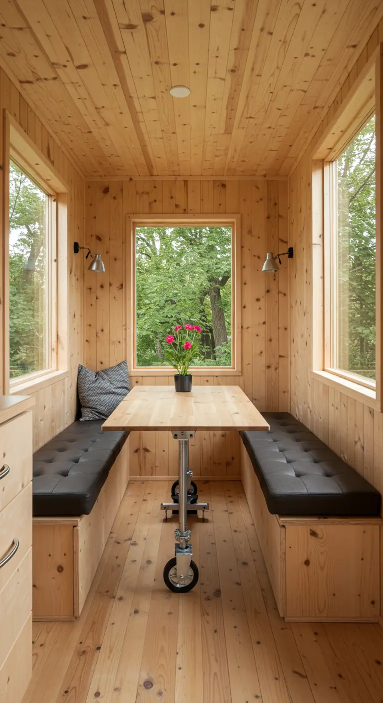 Mesa de comedor con ruedas industriales en una cabaña de madera con bancos fijos.