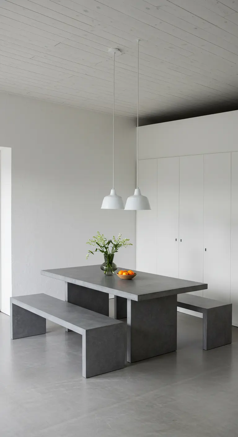 Comedor minimalista con una mesa larga y dos bancos de hormigón gris bajo lámparas colgantes.