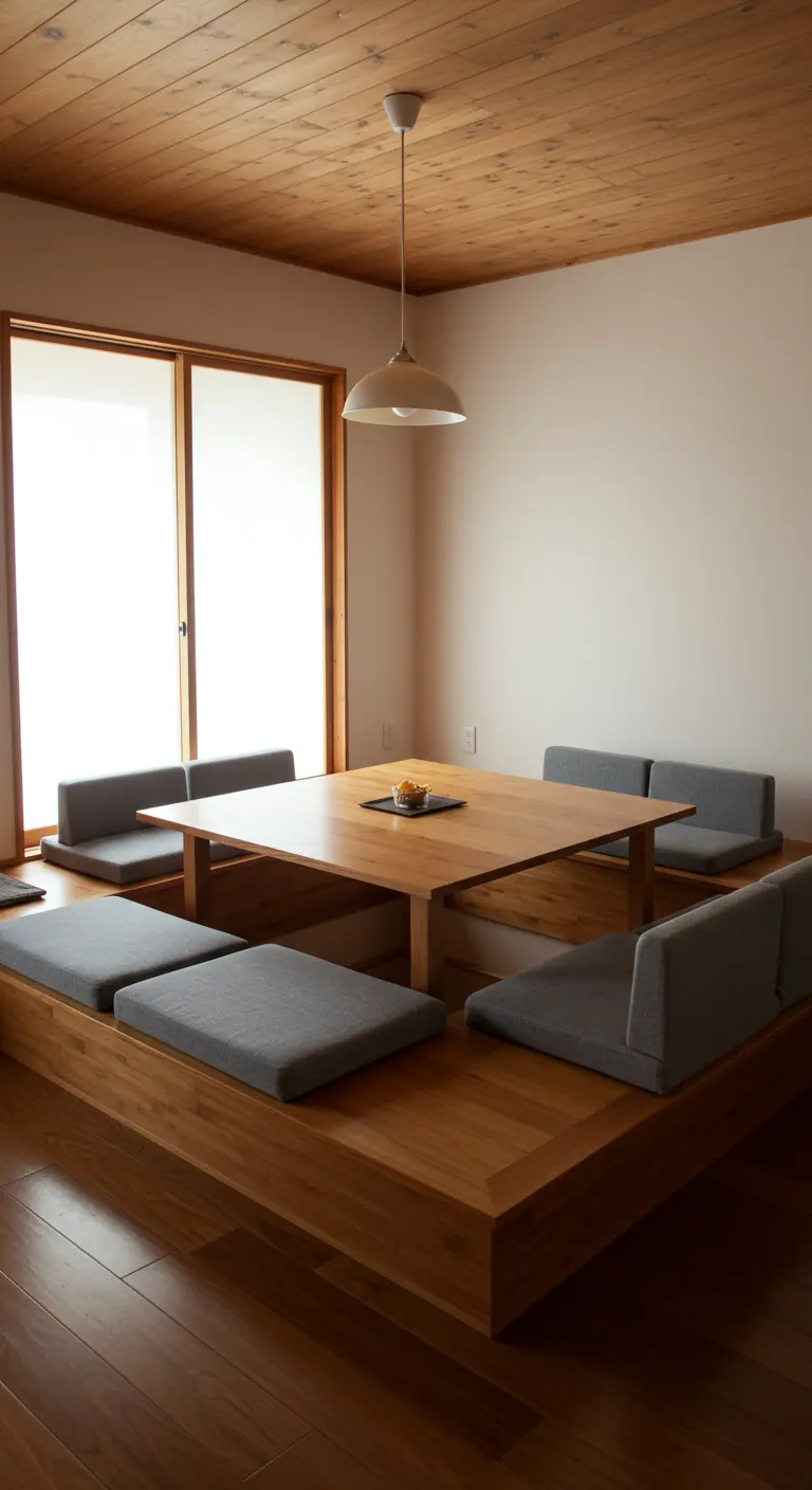 Comedor japonés moderno estilo horigotatsu con una mesa de madera y asientos hundidos.