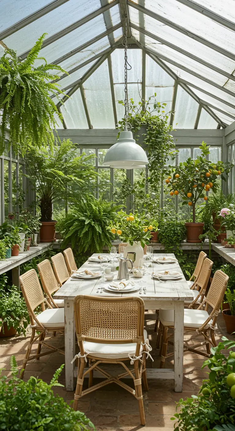 Comedor luminoso dentro de un invernadero, rodeado de una gran variedad de plantas verdes.
