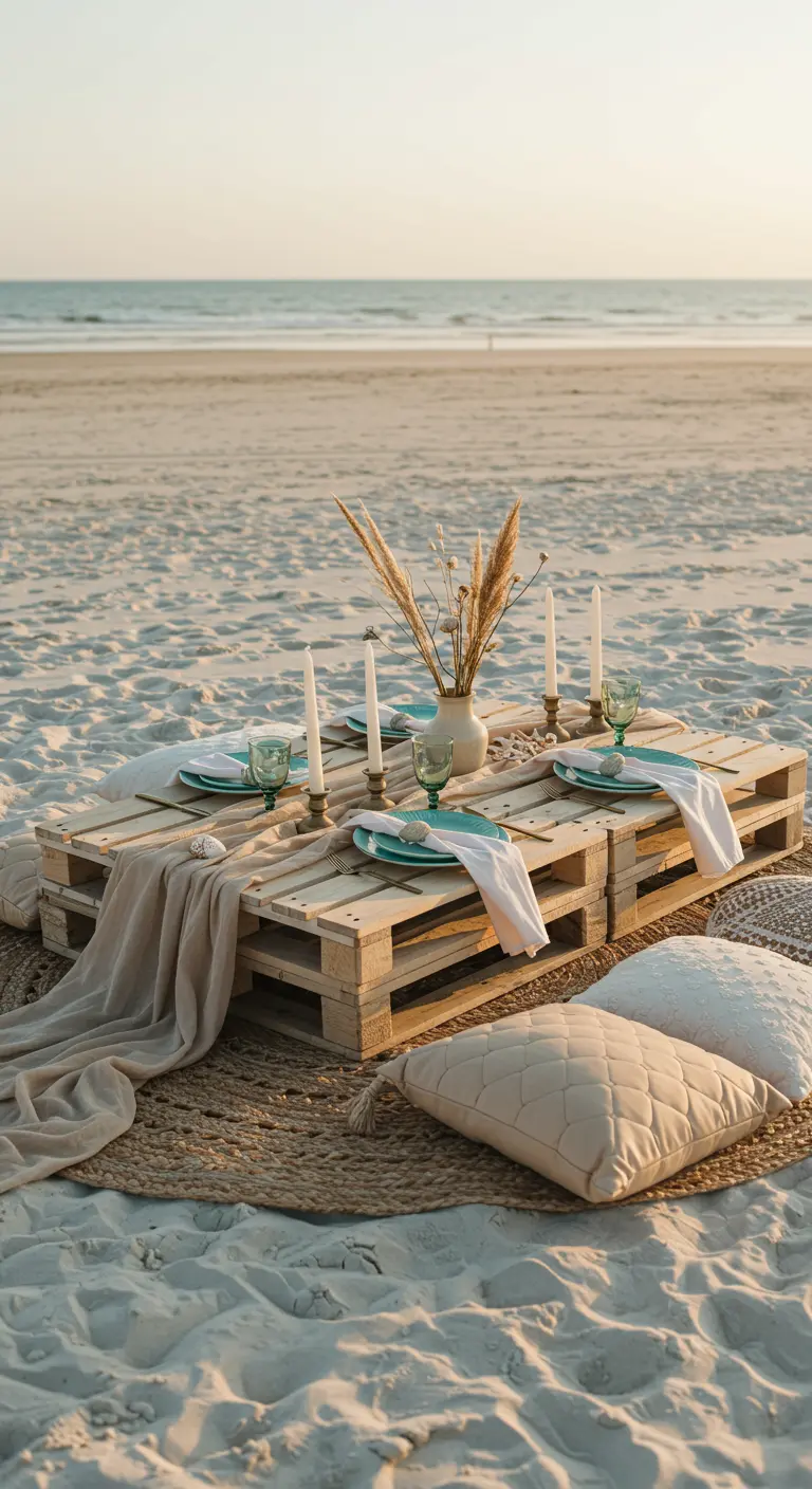 Mesa hecha con pallets en la playa, decorada con telas neutras y cojines en la arena.