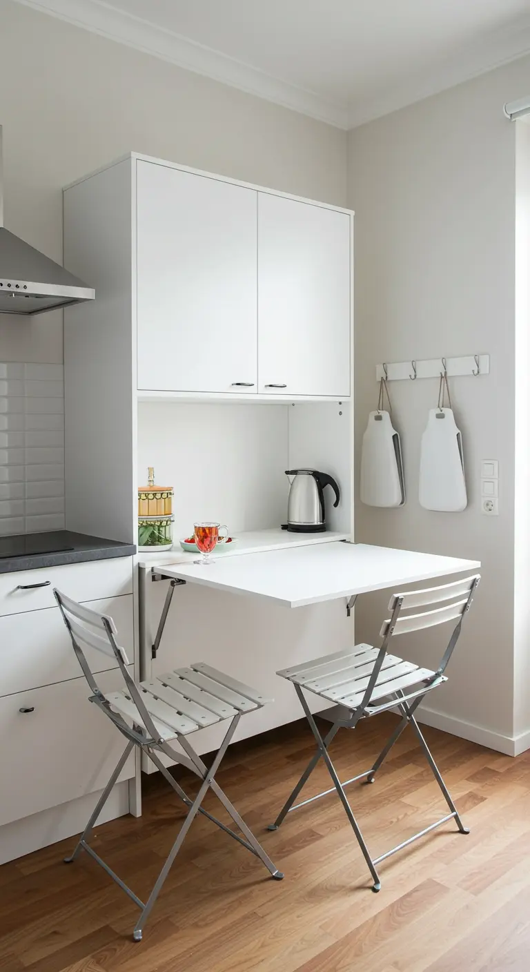 Mesa de cocina blanca abatible y montada en la pared, con dos sillas plegables a juego