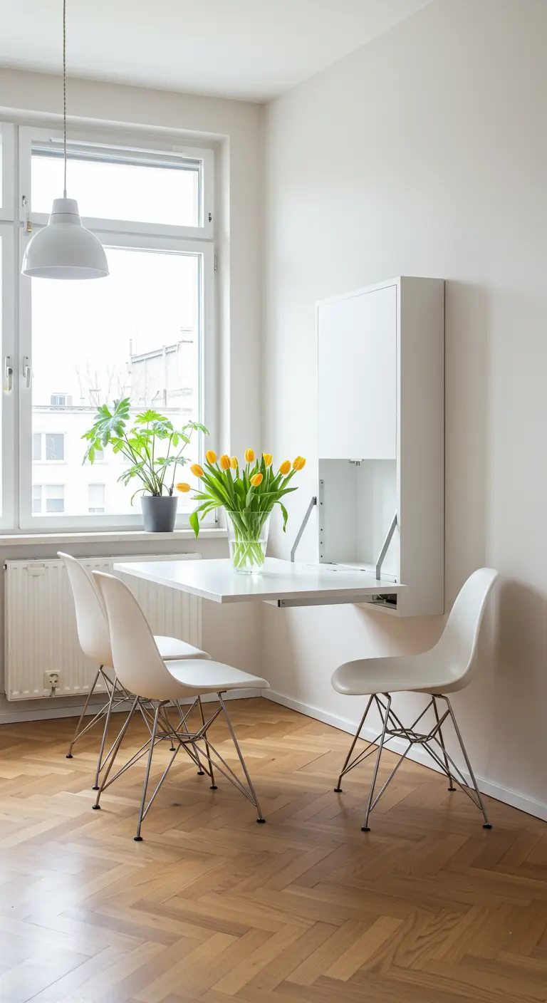 Mesa de comedor blanca plegable de pared con sillas de diseño moderno y tulipanes amarillos.