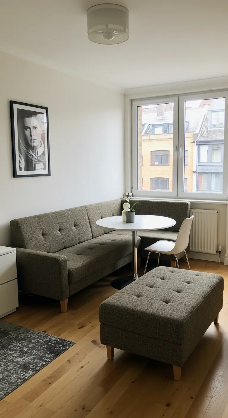 Sofá seccional gris utilizado como asiento de comedor tipo banquette con una mesa redonda.