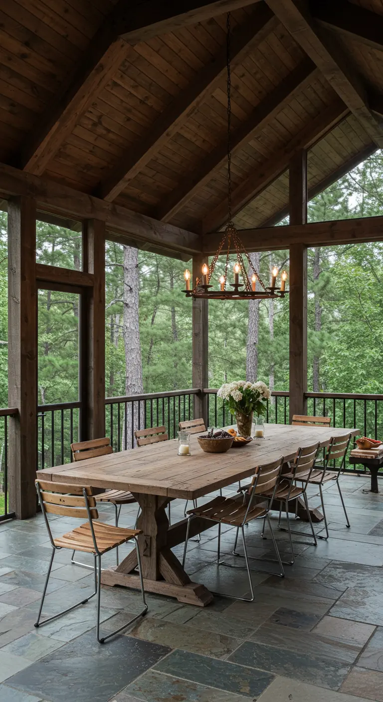 Comedor rústico en un porche de madera con una gran mesa y vistas al bosque.