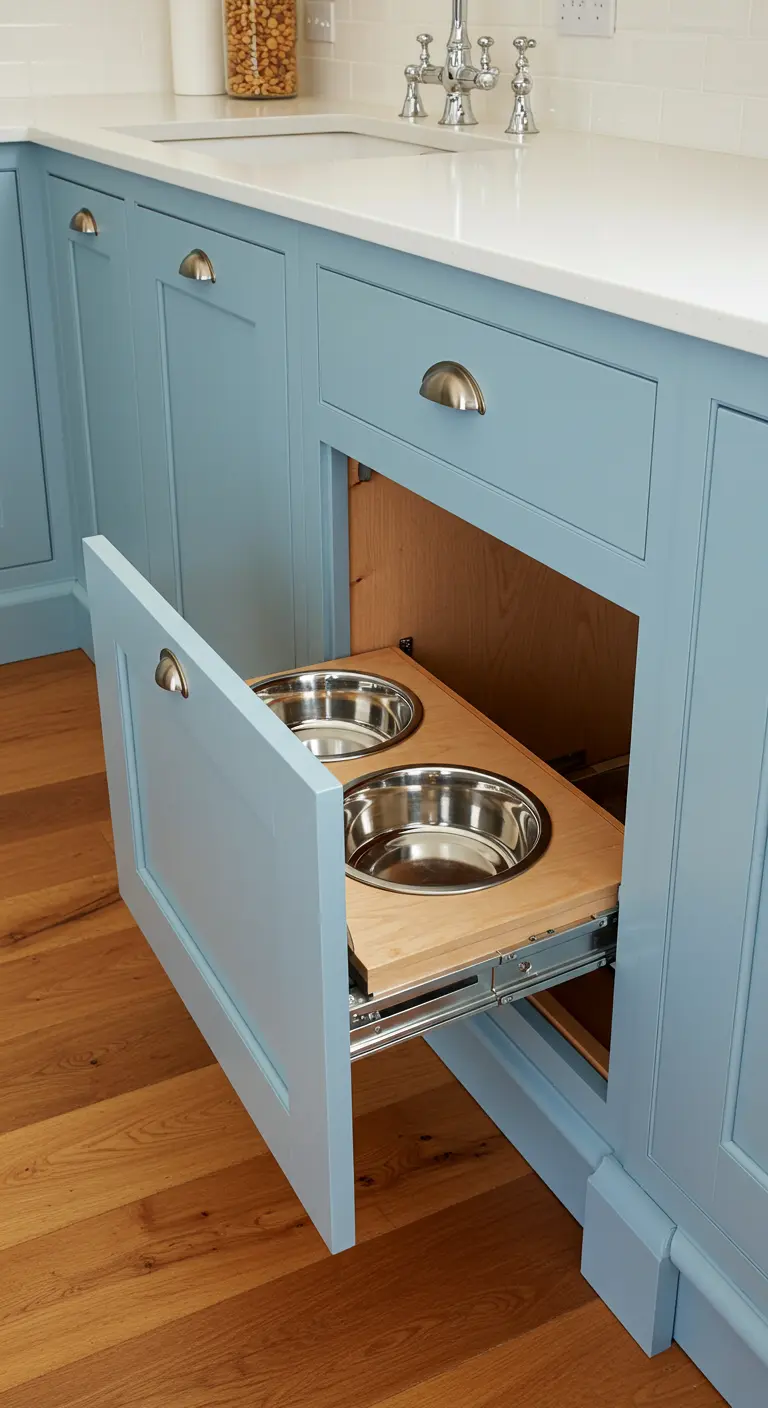 Cajón extraíble de un mueble de cocina azul con dos cuencos metálicos para mascotas