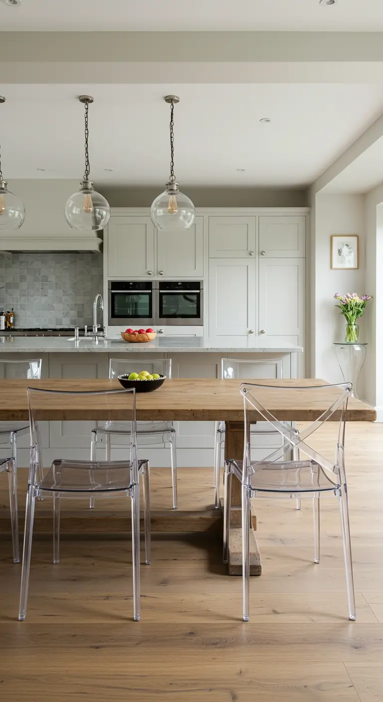 Comedor moderno con mesa de madera y sillas de acrílico transparente que dejan ver el espacio.
