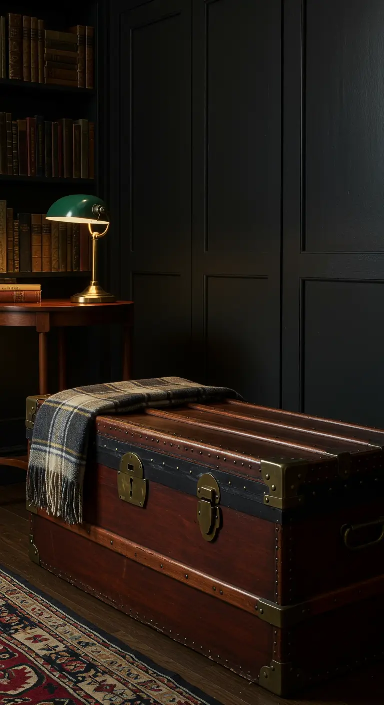 Baúl de madera oscura con una manta de cuadros en una habitación con estanterías de libros.