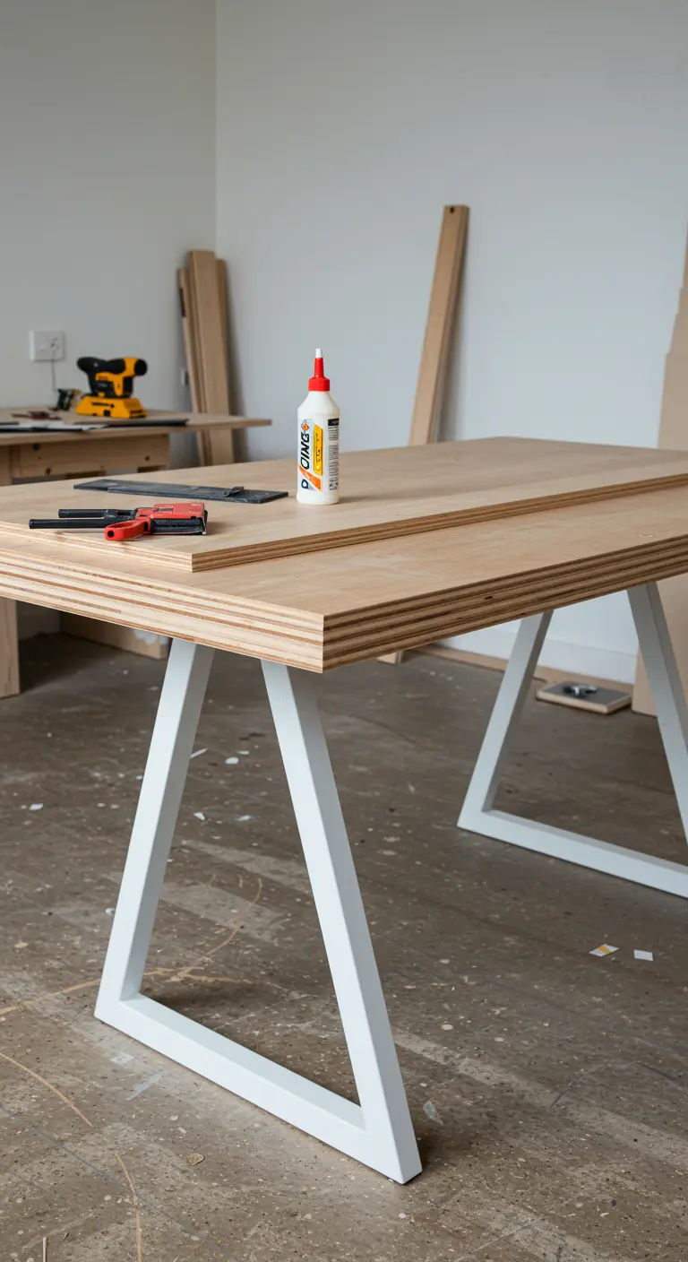 Escritorio de madera contrachapada con los cantos a la vista y patas metálicas blancas.