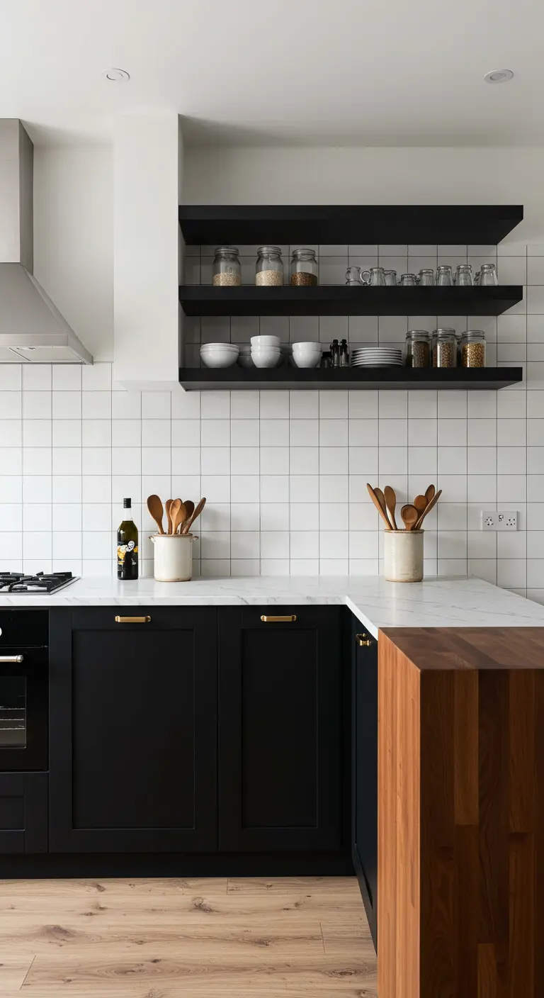 Cocina con gabinetes negros, encimera de mármol y un bloque de carnicero de madera.