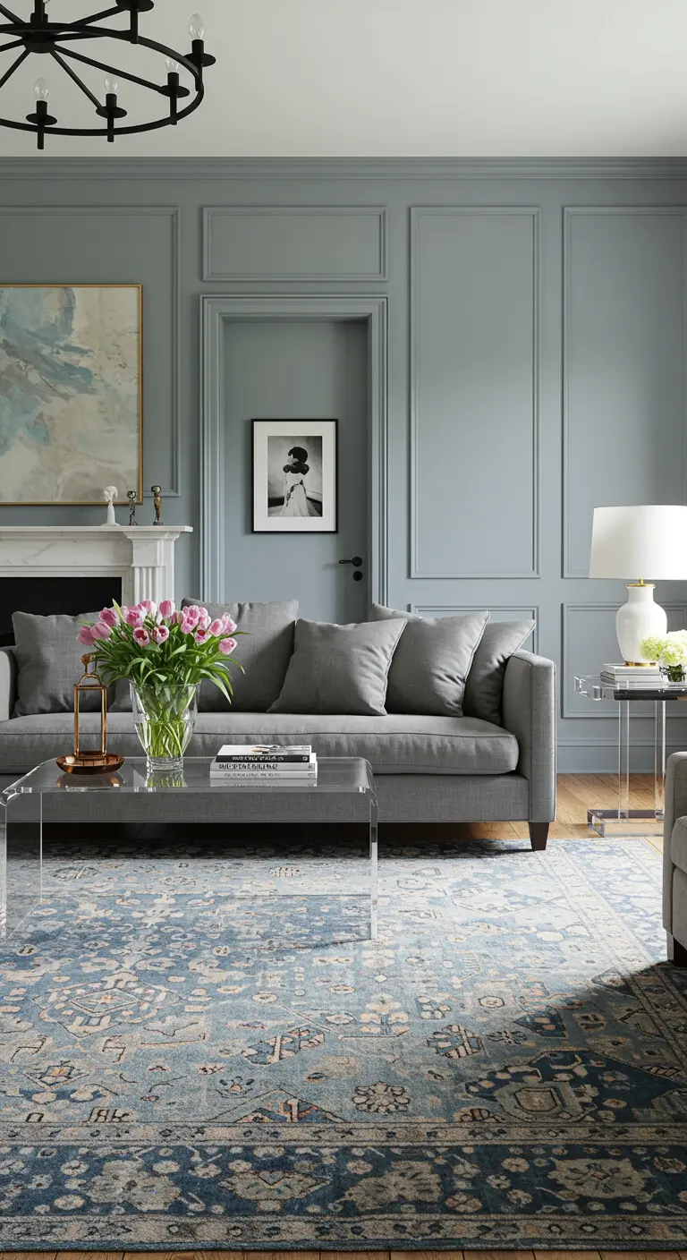 Sala de estar en tonos grises y azules con un jarrón de tulipanes rosas como punto focal.