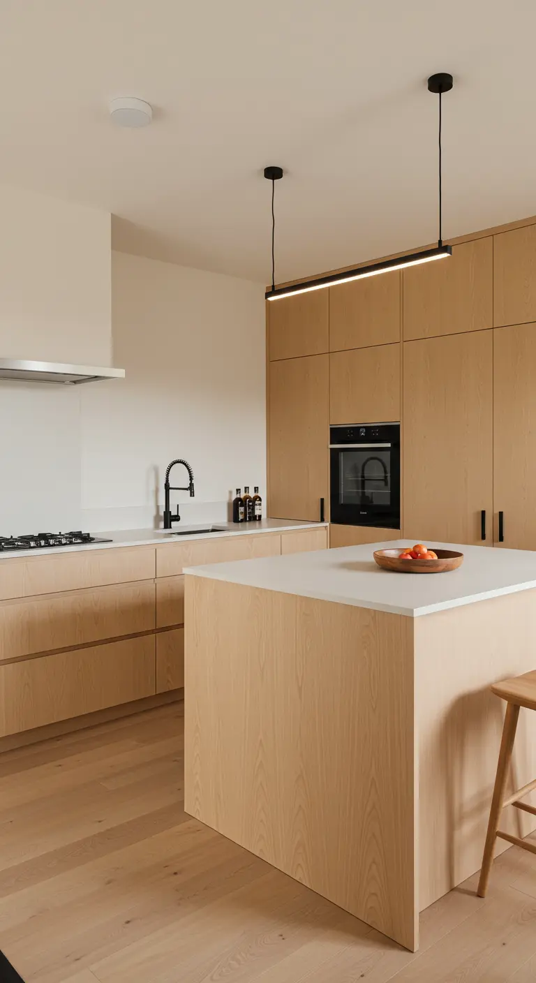 Cocina de madera clara con isla, taburetes y detalles en negro mate como la grifería