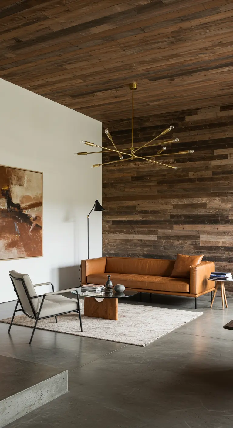 Sala moderna con pared de madera recuperada, lámpara sputnik dorada y sofá de cuero.