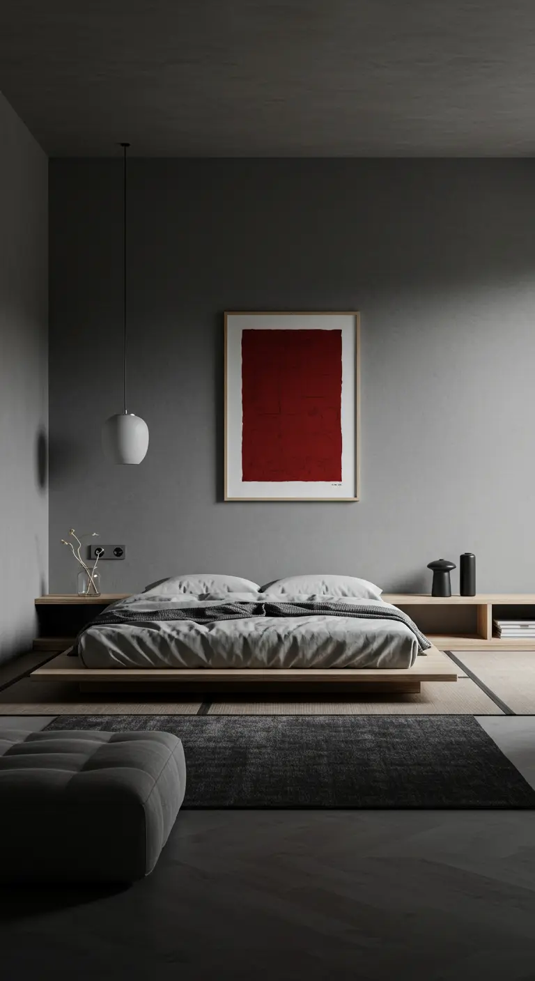 Dormitorio minimalista con paredes grises, cama baja y un cuadro rojo abstracto.