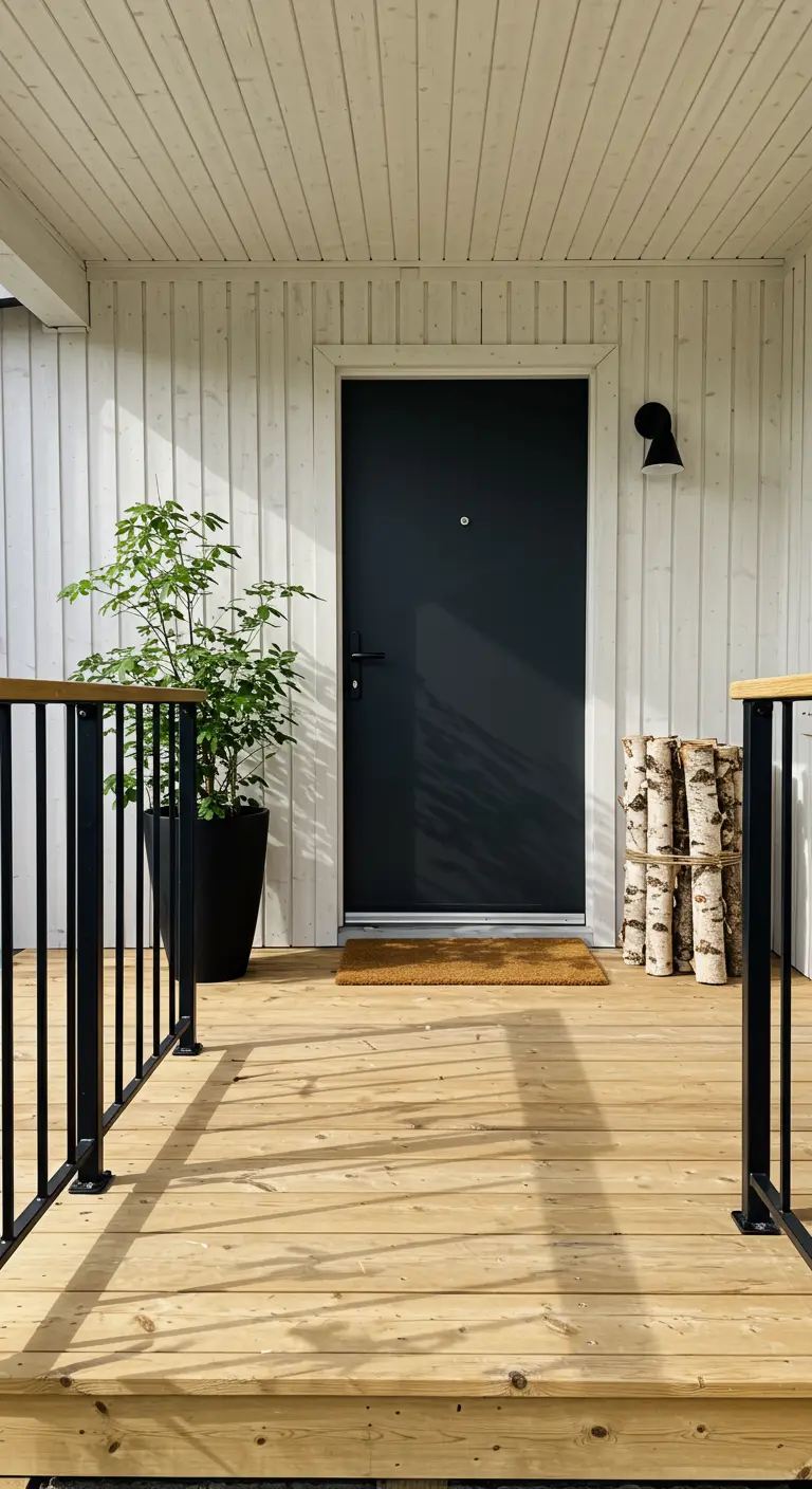 Porche de madera clara con puerta negra, macetero alto negro y troncos de abedul apilados.