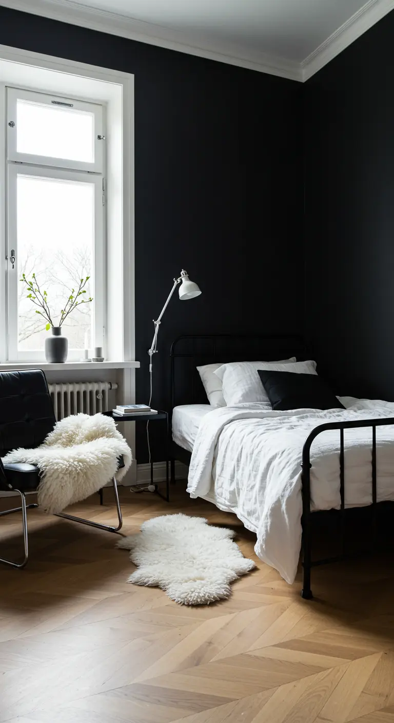 Dormitorio escandinavo con paredes negras, suelo de madera clara y ropa de cama blanca.