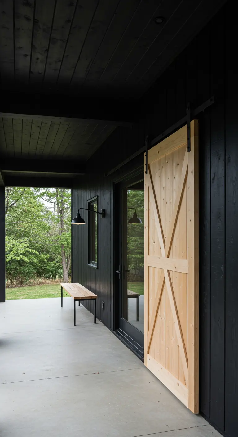Fachada negra con una puerta de granero corrediza de madera clara y un banco sencillo.