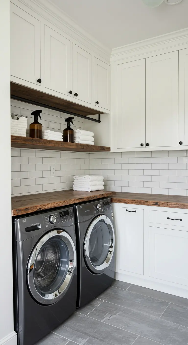 Lavandería moderna con azulejos blancos tipo metro, encimera de madera y gabinetes blancos.