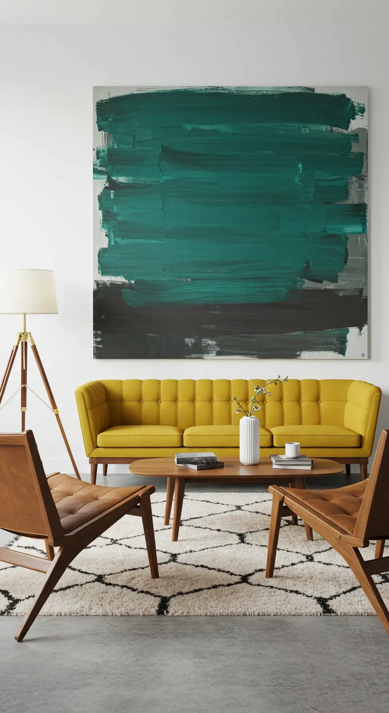 Sala mid-century con sofá mostaza y un gran cuadro abstracto en tonos verdes y negros.