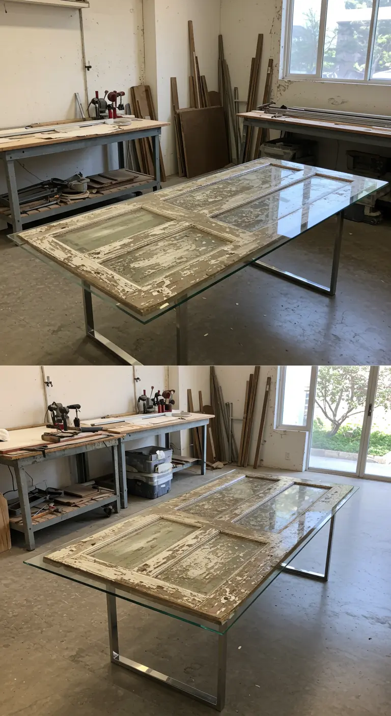 Mesa de comedor que combina una puerta vieja y desgastada con una superficie de cristal y patas de metal.