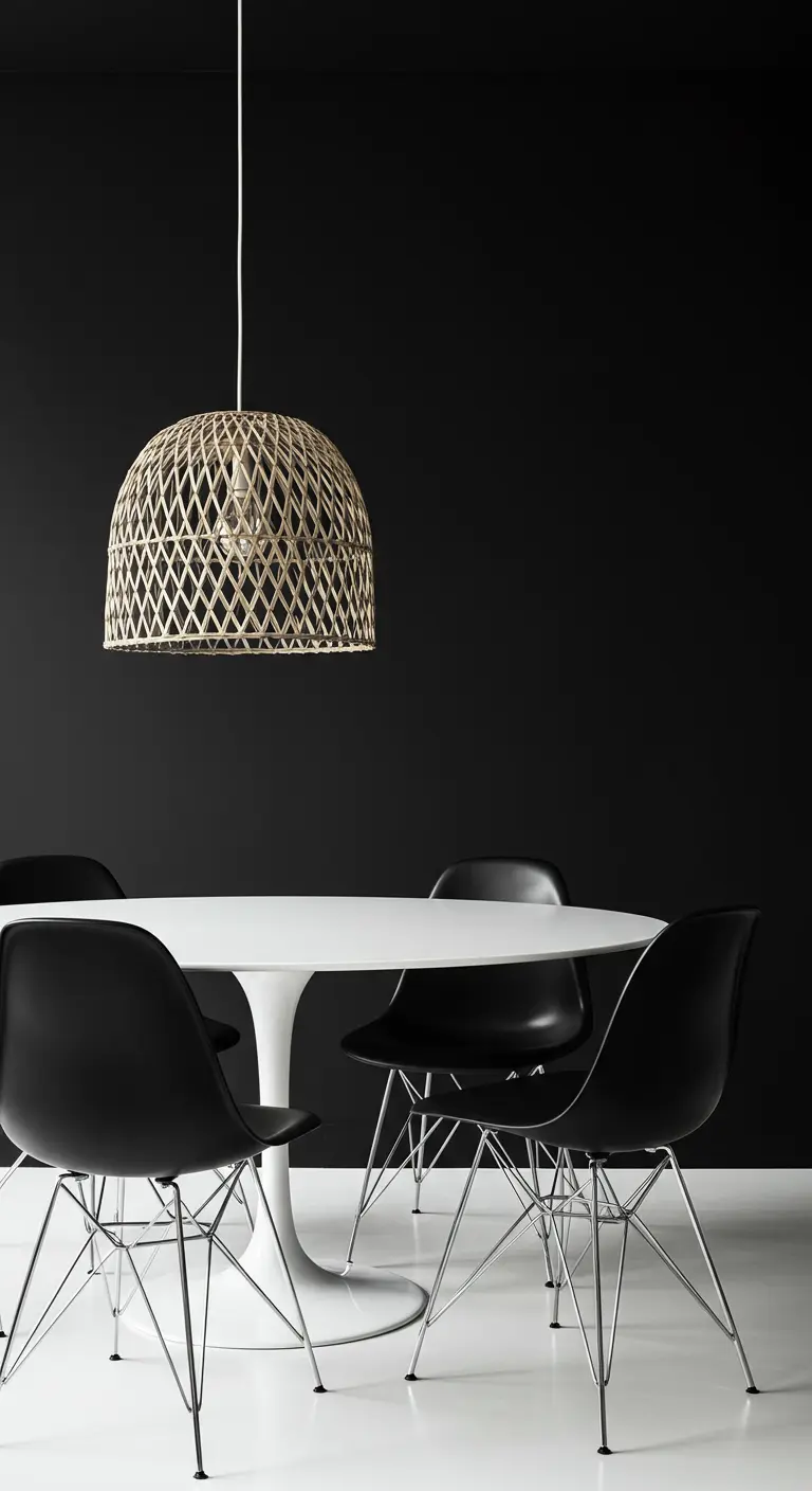 Comedor moderno con pared negra, mesa blanca y una lámpara de fibra con tejido abierto.