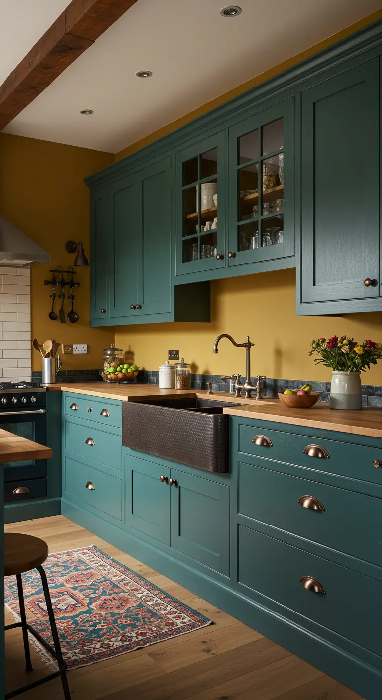 Cocina con gabinetes verde azulado, pared mostaza y un fregadero de cobre martillado.
