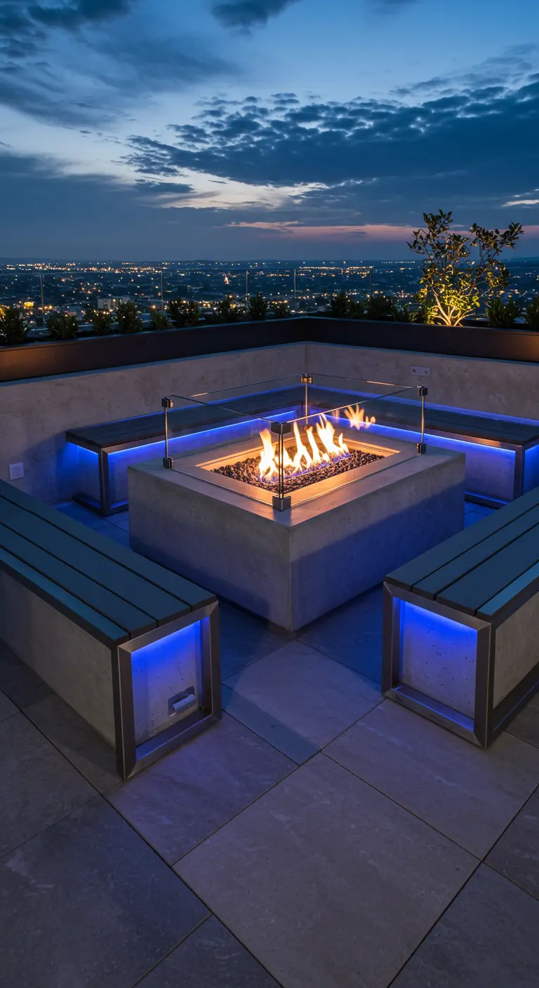Hoguera de hormigón rodeada de bancos con iluminación LED azul en una terraza moderna.