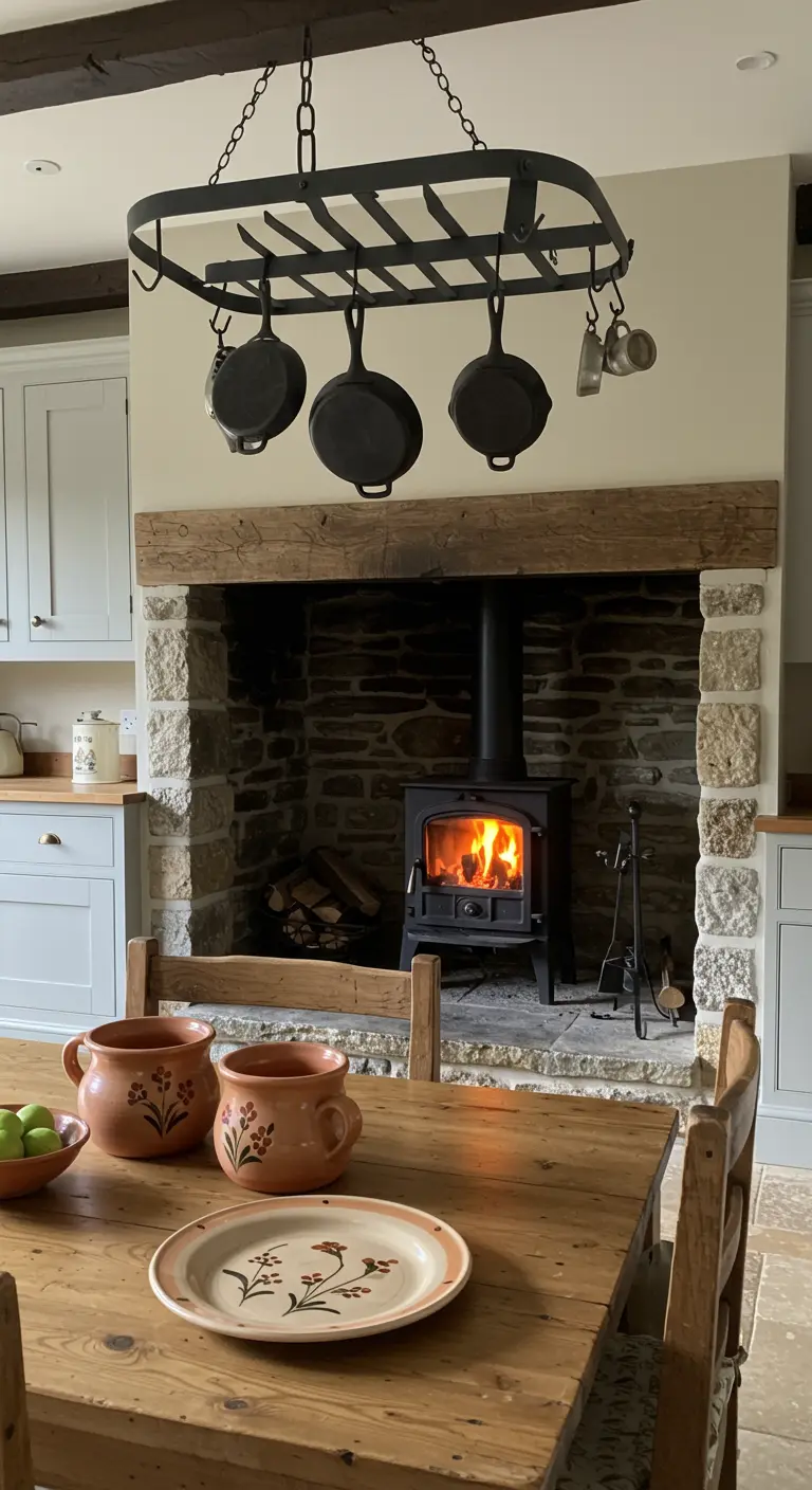 Cocina rústica con una gran chimenea de piedra, estufa de leña y sartenes colgadas del techo.