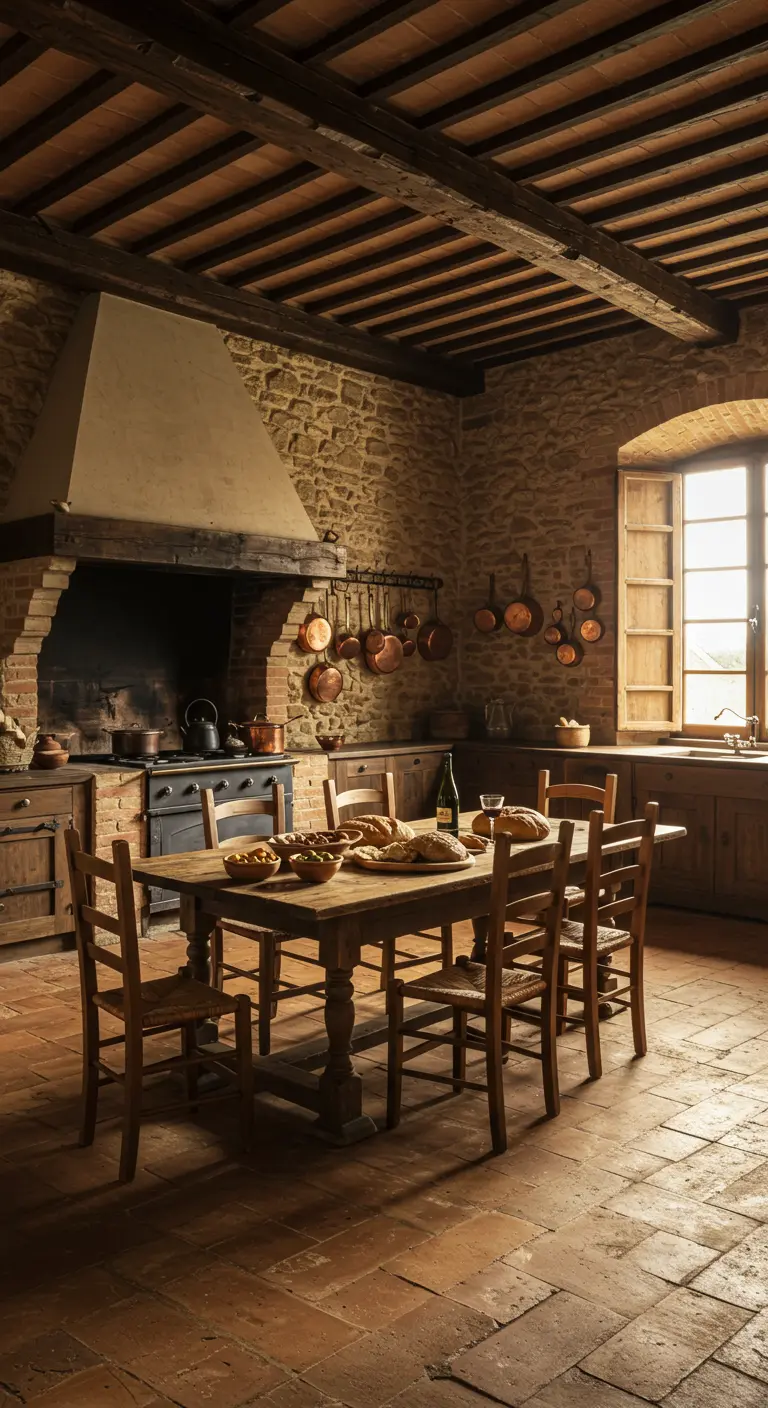 Cocina rústica toscana con chimenea de ladrillo, paredes de piedra y mesa de madera.