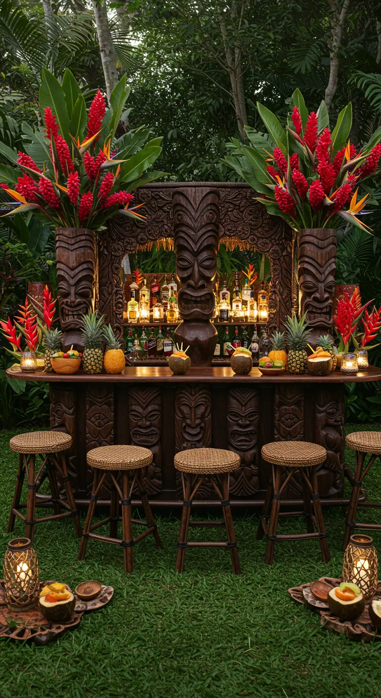 Barra tiki de madera tallada con flores tropicales rojas y taburetes de mimbre.