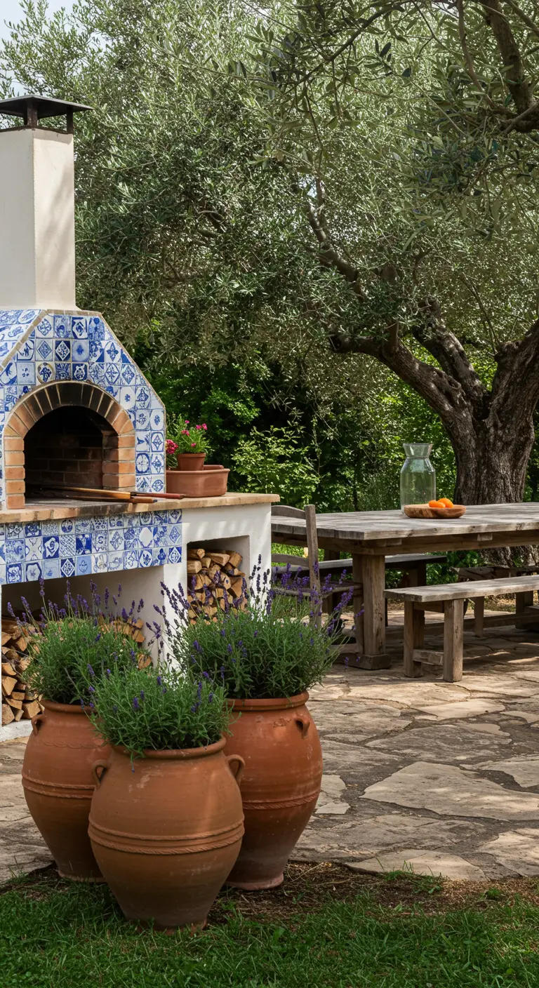 Horno de leña exterior decorado con azulejos azules y blancos, junto a una mesa de madera rústica
