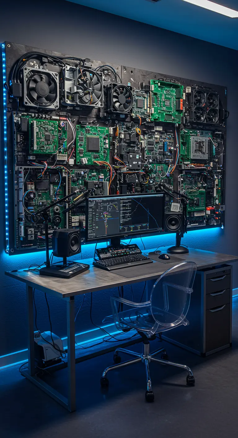 Pared de estudio decorada con un montaje de circuitos de ordenador y con retroiluminación LED azul.