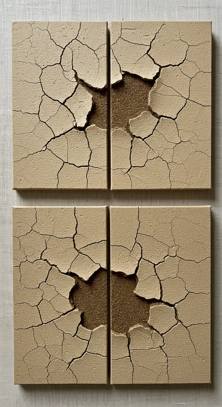 Composición de cuatro lienzos que forman un cuadro con textura agrietada revelando arena