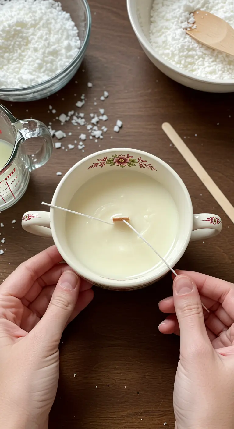 Manos colocando un pabilo de madera en una taza llena de cera líquida