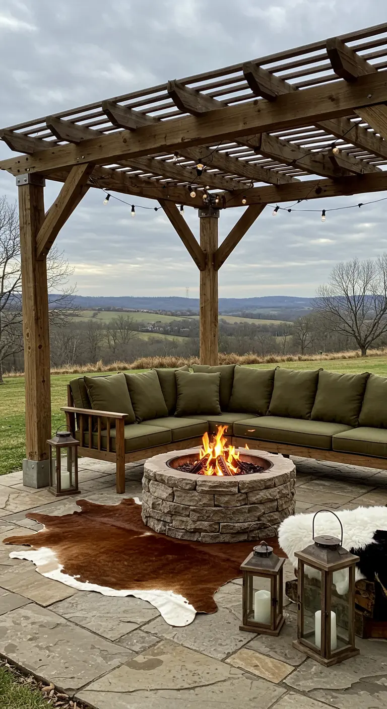 Pérgola rústica de madera con hoguera de piedra y vistas al campo.